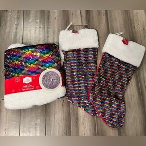 NEW Holiday Time Christmas tree skirt rainbow sequence with 2 matching stockings